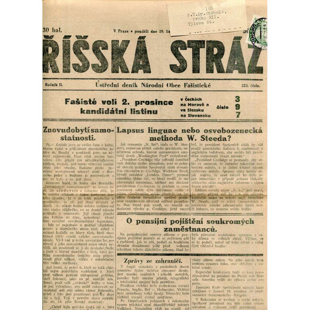 Říšská stráž (19.11.1928) Ústřední deník Národní obce fašistické (staré noviny, fašisté, 1. republika)