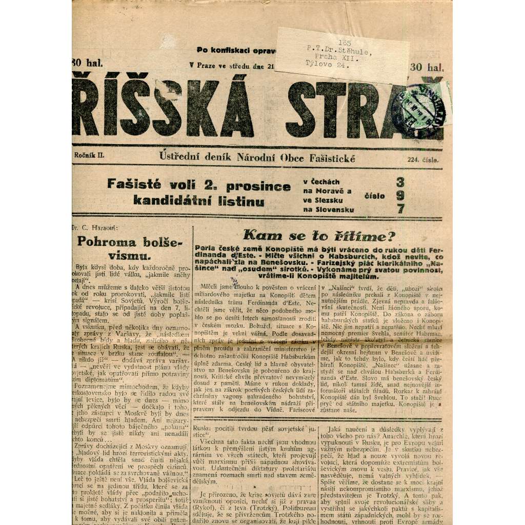 Říšská stráž (21.11.1928) Ústřední deník Národní obce fašistické (staré noviny, fašisté, 1. republika)