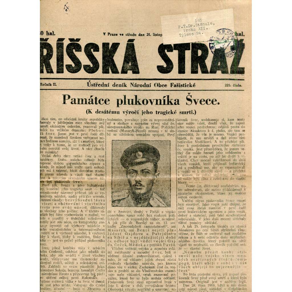 Říšská stráž (21.11.1928) Ústřední deník Národní obce fašistické (staré noviny, fašisté, 1. republika)