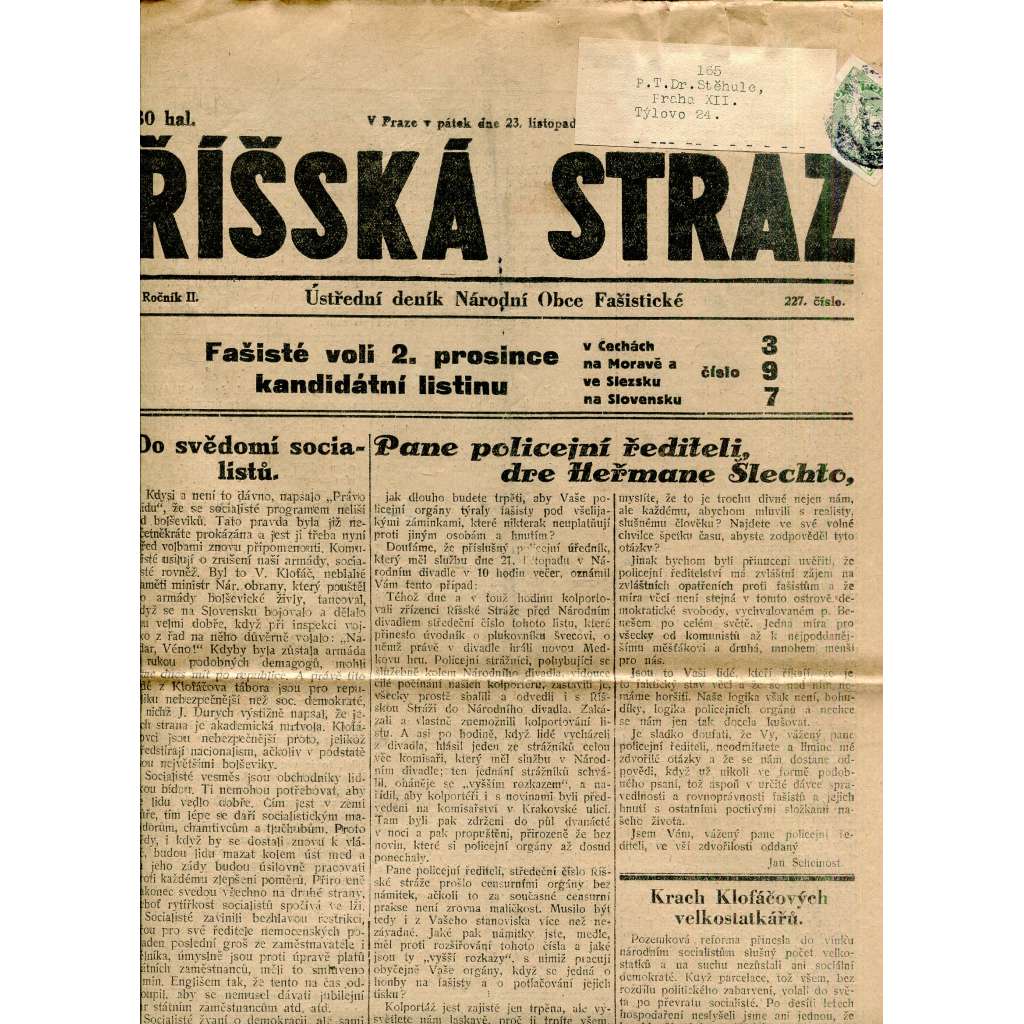 Říšská stráž (23.11.1928) Ústřední deník Národní obce fašistické (staré noviny, fašisté, 1. republika)