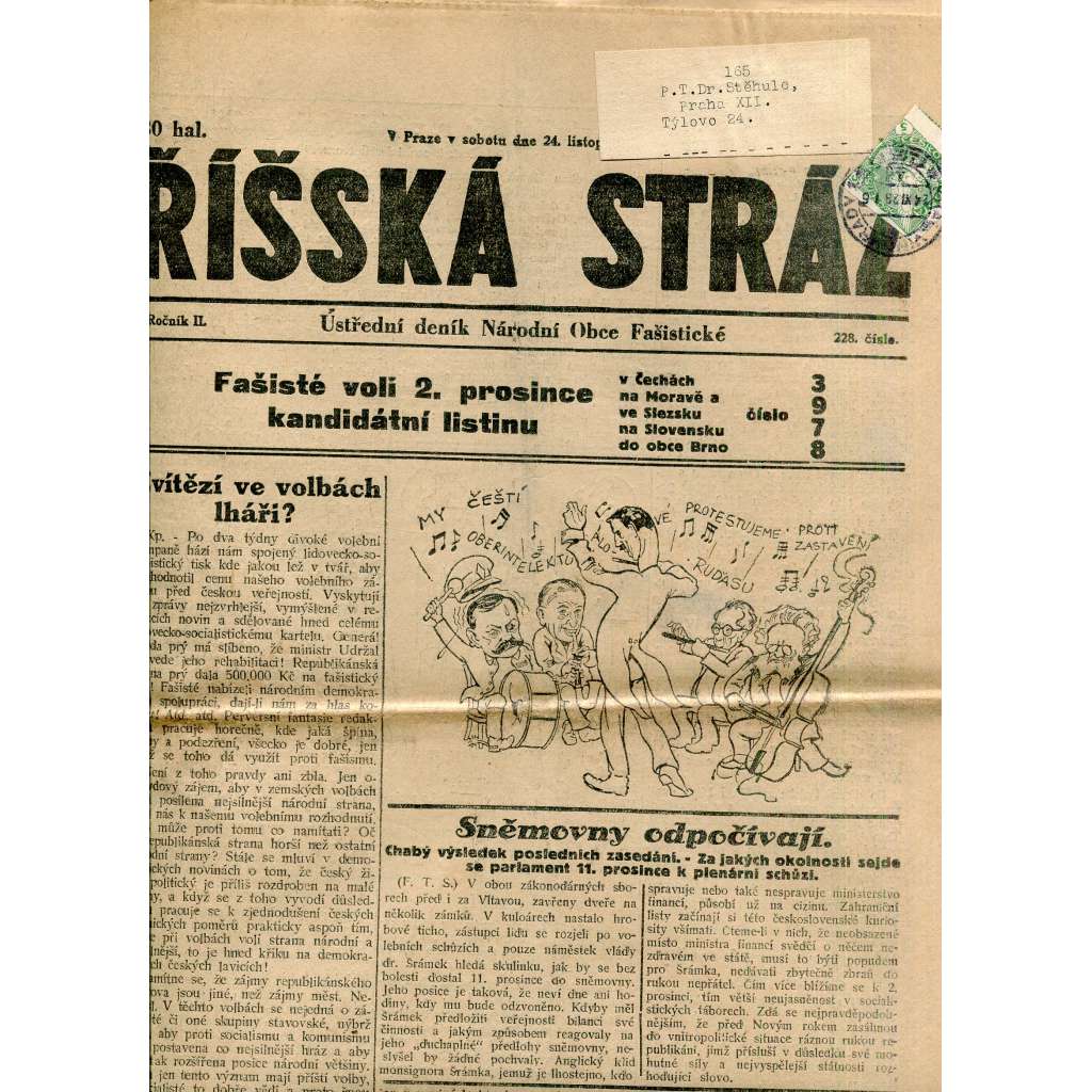 Říšská stráž (24.11.1928) Ústřední deník Národní obce fašistické (staré noviny, fašisté, 1. republika)