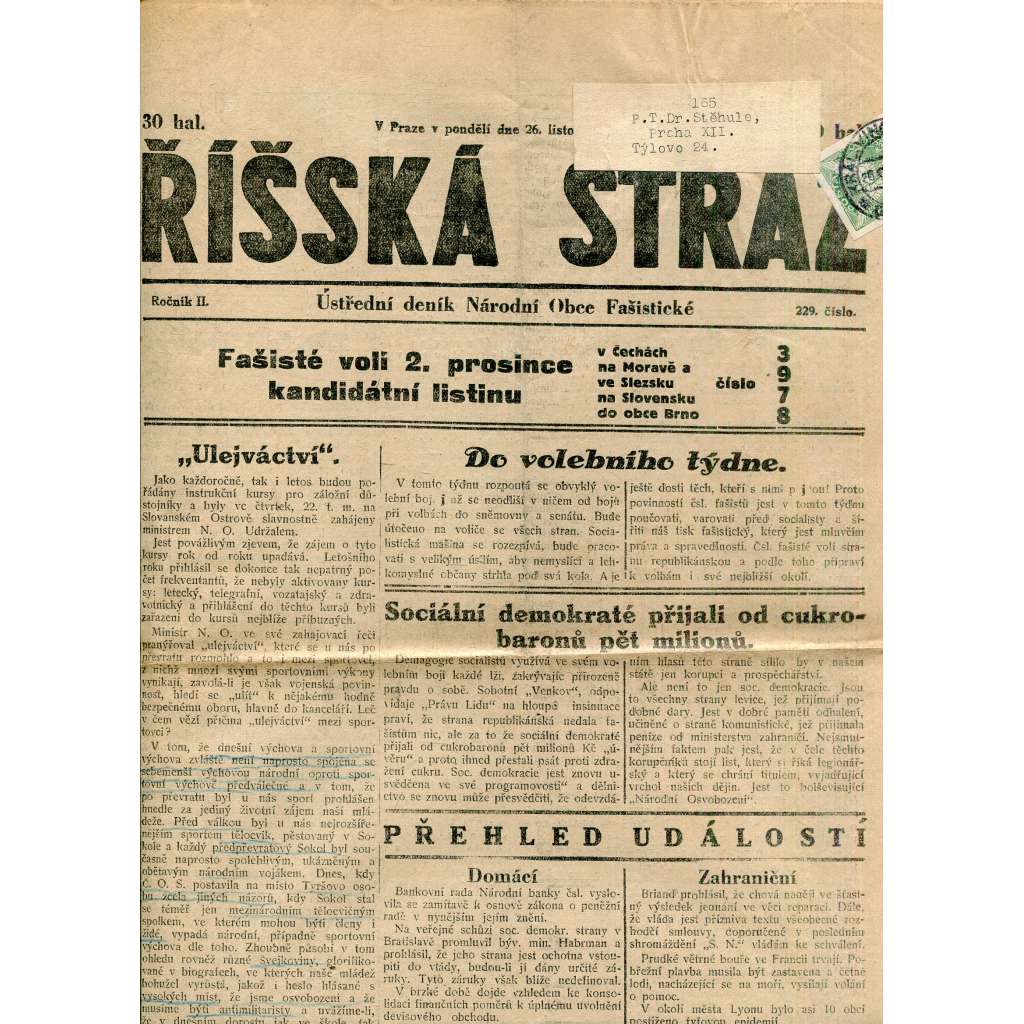 Říšská stráž (26.11.1928) Ústřední deník Národní obce fašistické (staré noviny, fašisté, 1. republika)
