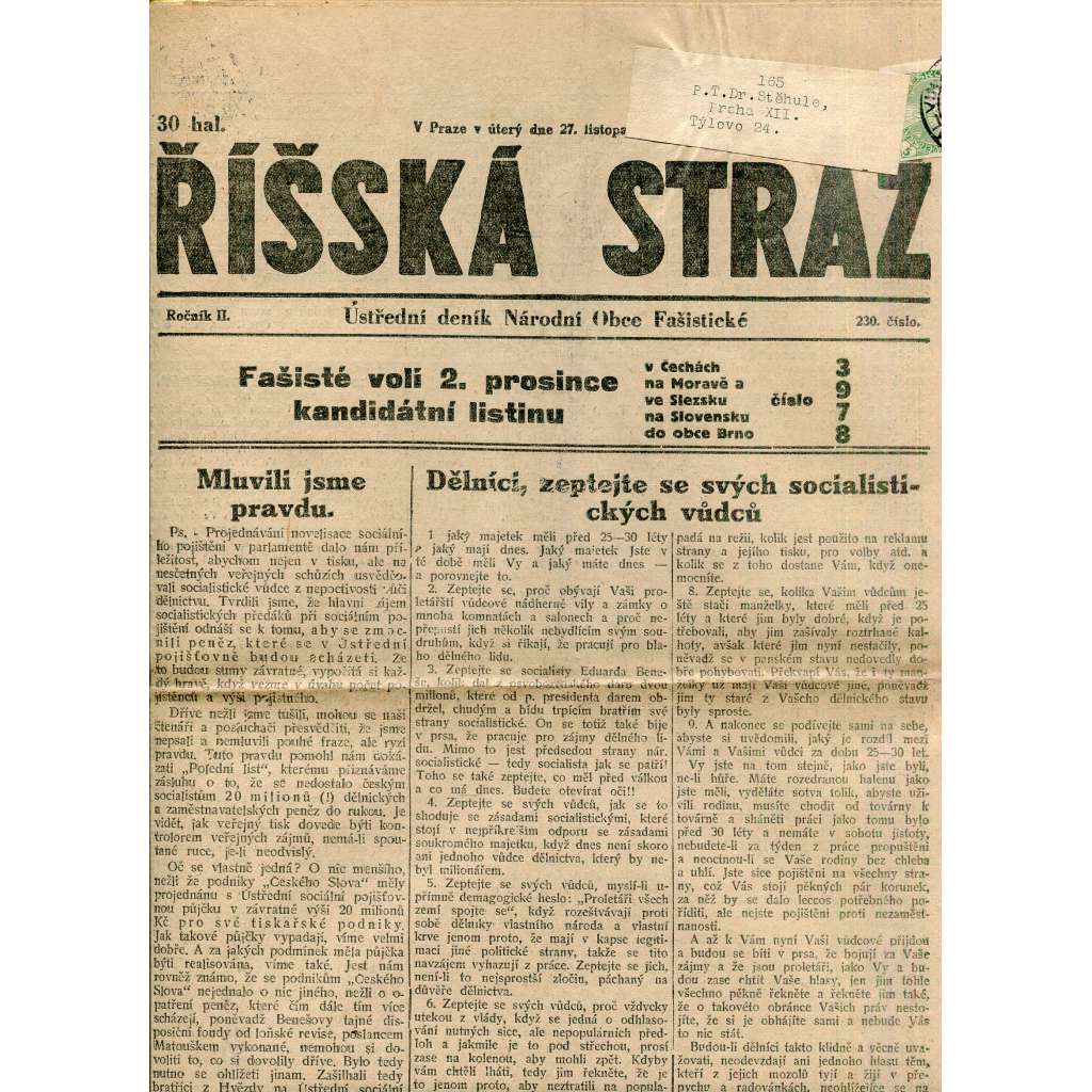 Říšská stráž (27.11.1928) Ústřední deník Národní obce fašistické (staré noviny, fašisté, 1. republika)