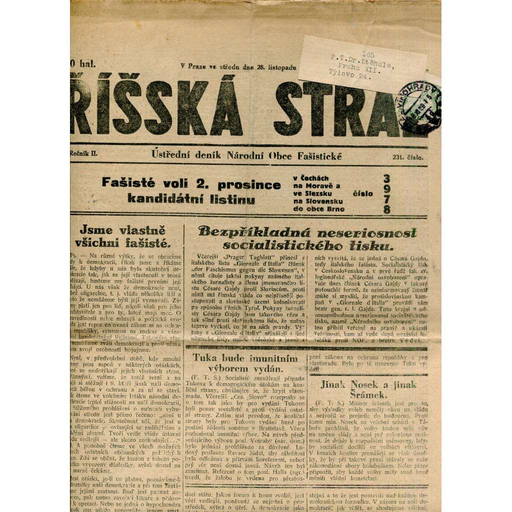 Říšská stráž (28.11.1928) Ústřední deník Národní obce fašistické (staré noviny, fašisté, 1. republika)