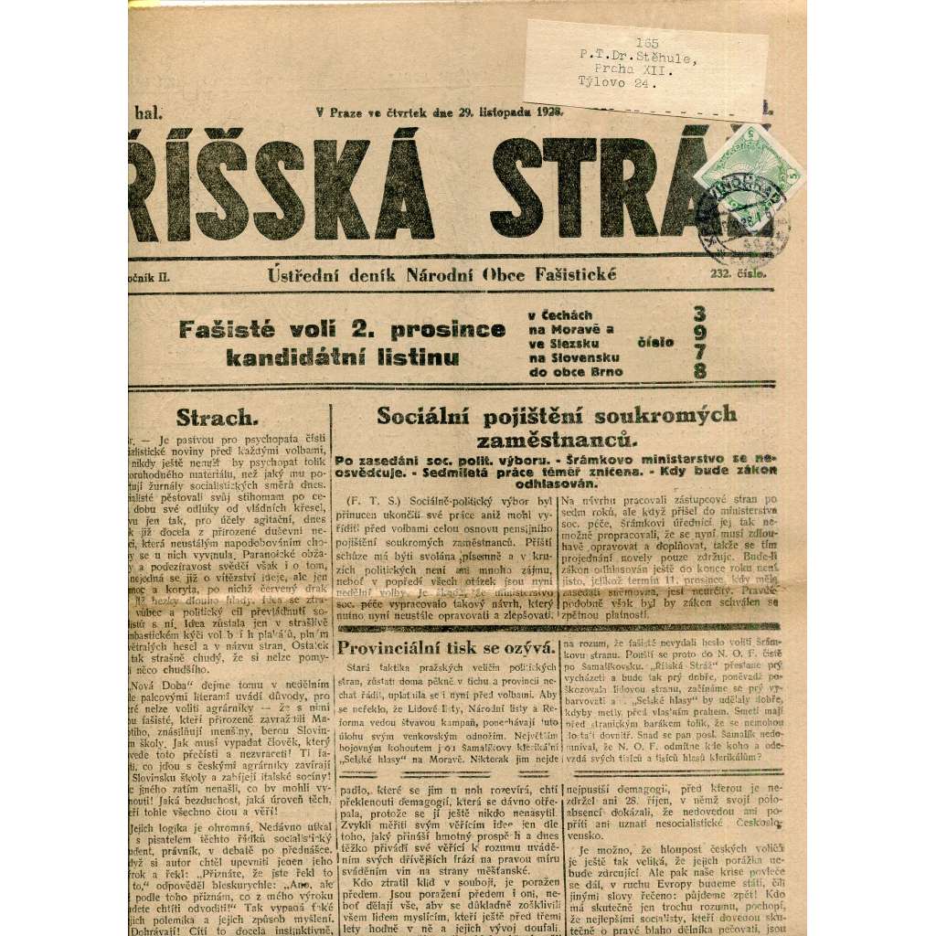 Říšská stráž (29.11.1928) Ústřední deník Národní obce fašistické (staré noviny, fašisté, 1. republika)
