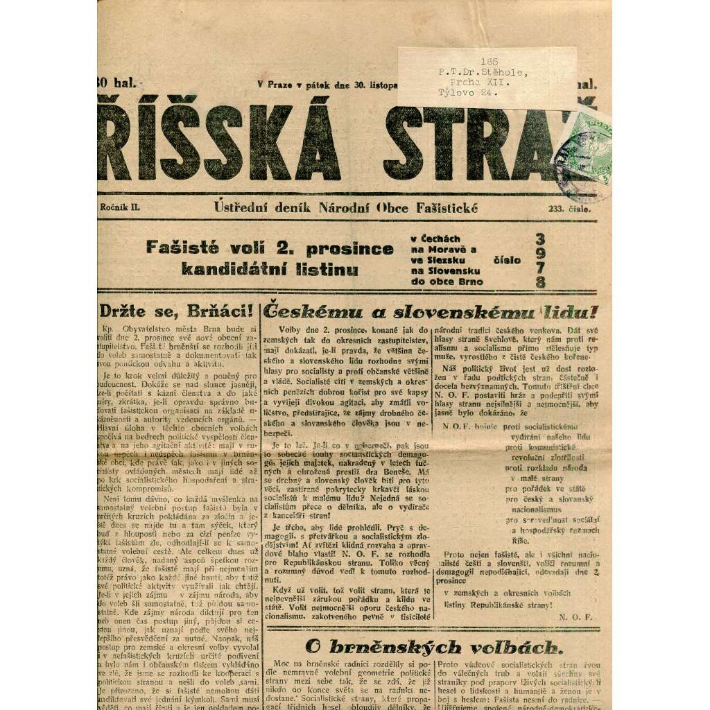 Říšská stráž (30.11.1928) Ústřední deník Národní obce fašistické (staré noviny, fašisté, 1. republika)