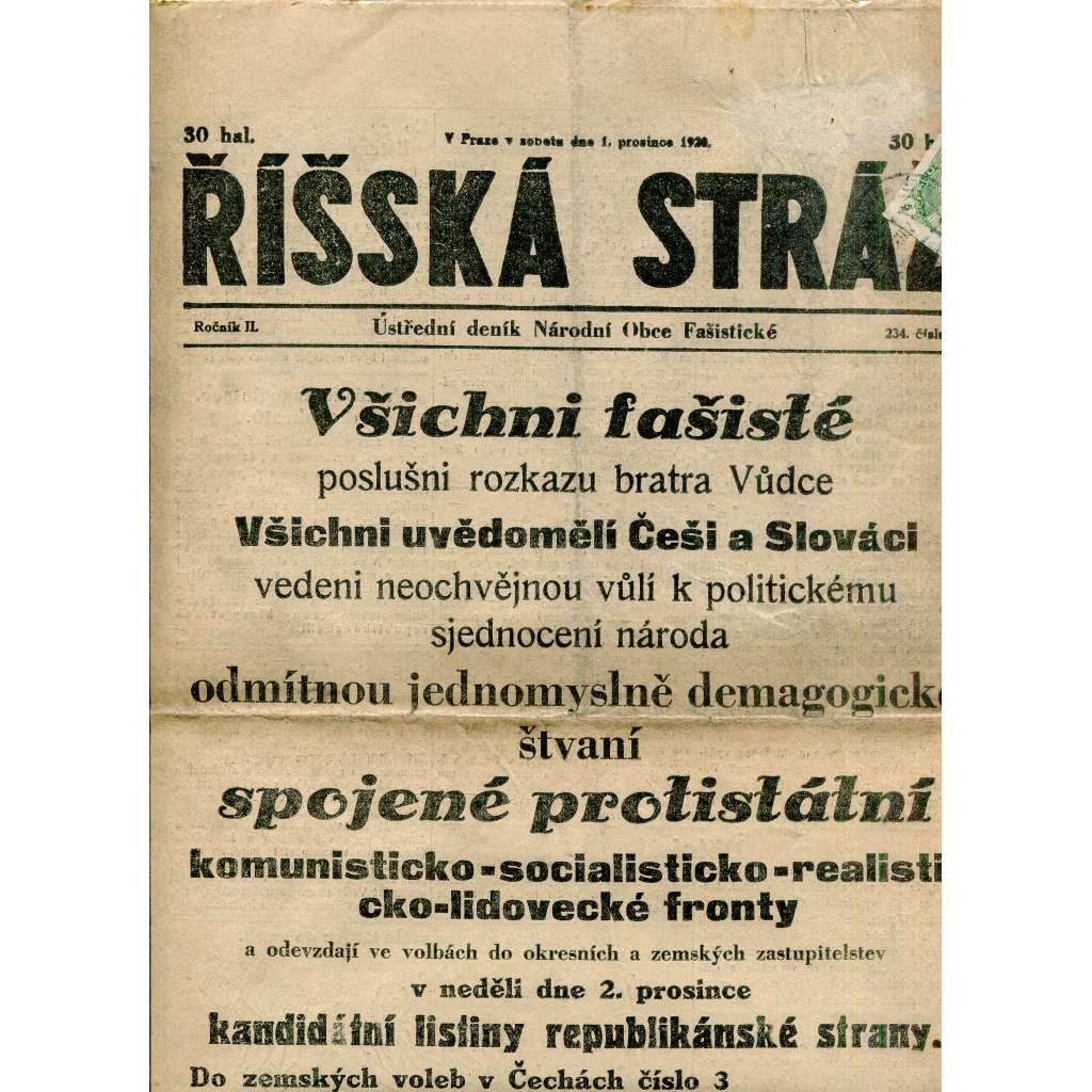 Říšská stráž (1.12.1928) Ústřední deník Národní obce fašistické (staré noviny, fašisté, 1. republika)