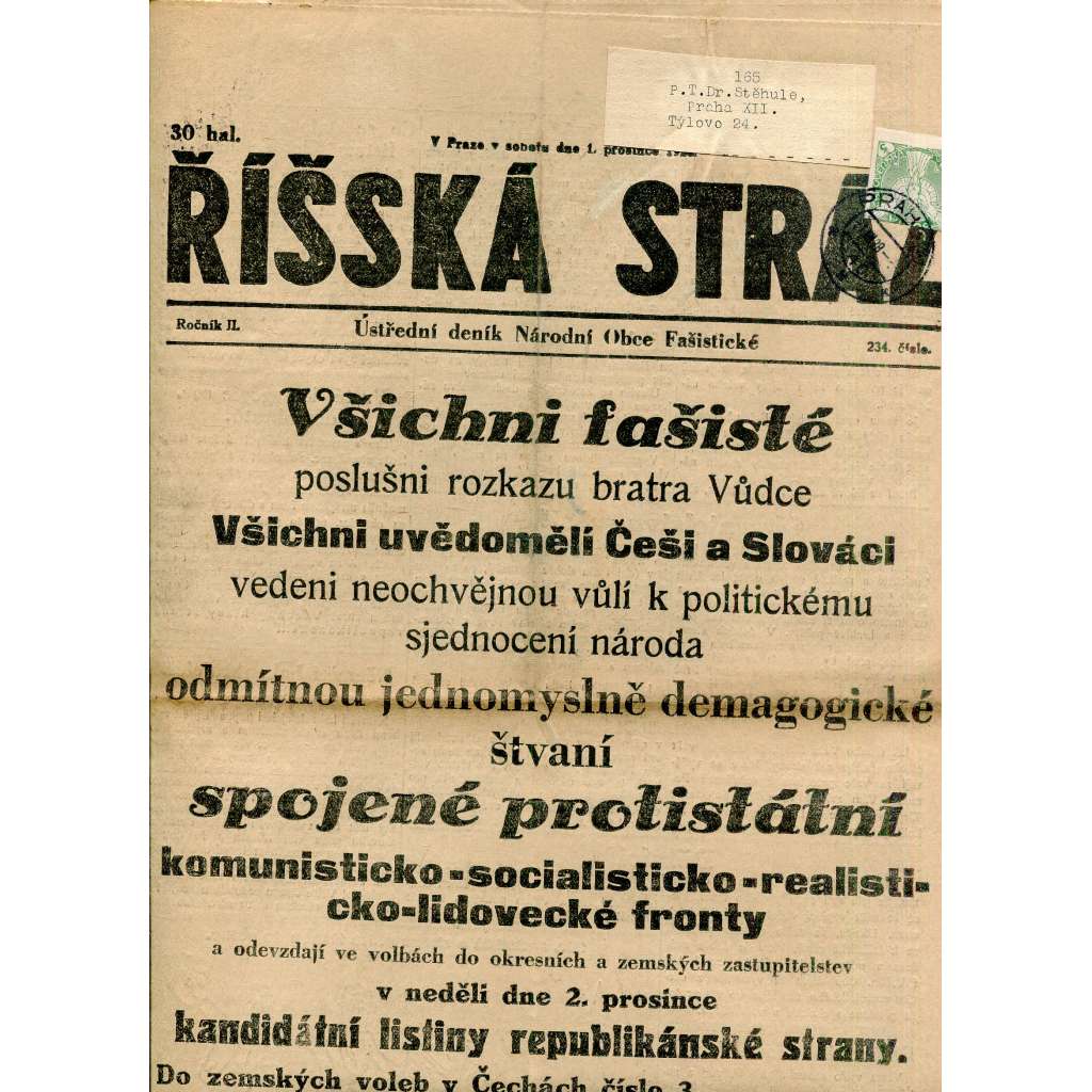 Říšská stráž (1.12.1928) Ústřední deník Národní obce fašistické (staré noviny, fašisté, 1. republika)