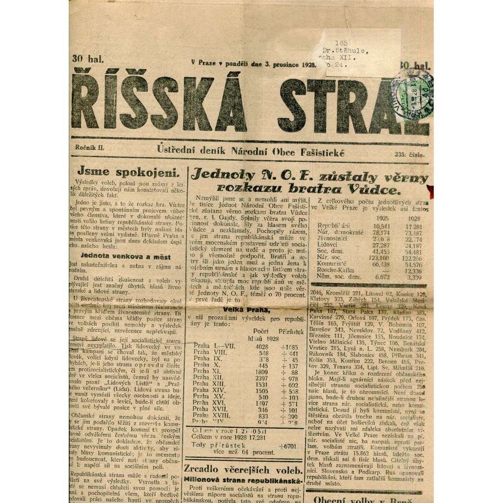 Říšská stráž (3.12.1928) Ústřední deník Národní obce fašistické (staré noviny, fašisté, 1. republika)