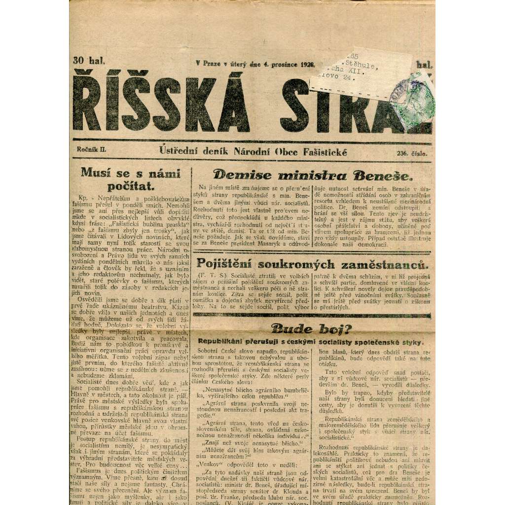 Říšská stráž (4.12.1928) Ústřední deník Národní obce fašistické (staré noviny, fašisté, 1. republika)