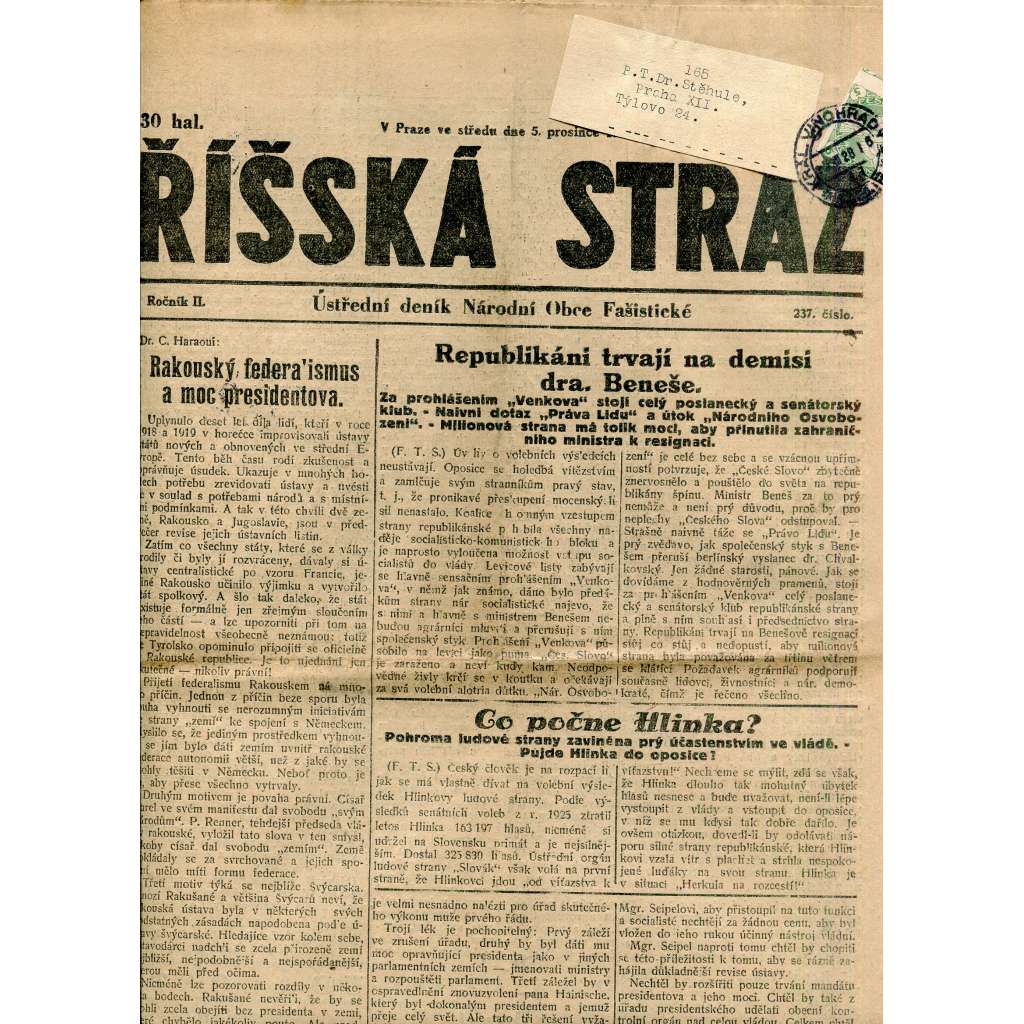 Říšská stráž (5.12.1928) Ústřední deník Národní obce fašistické (staré noviny, fašisté, 1. republika)