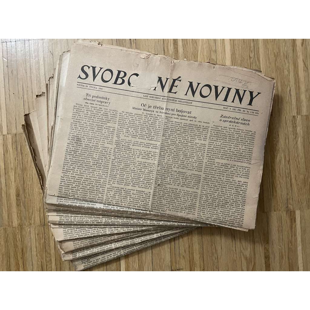 Svobodné noviny, ročník III., čísla 50, 54, 56, 98-110, 115, 116, 125, 138-144, 146, 147, 176, 178, 183-197, 227 a 228/1947. List sdružení kulturních organicací (konvolut novin, noviny))