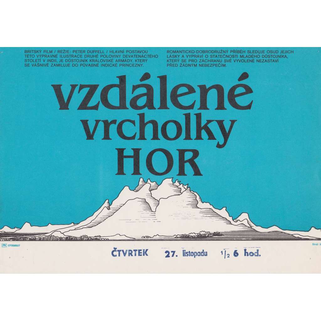 Vzdálené vrcholky hor (filmový plakát, slepka, film Velká Británie 1985, režie Peter Duffell, Hrají: Ben Cross, Amy Irving)