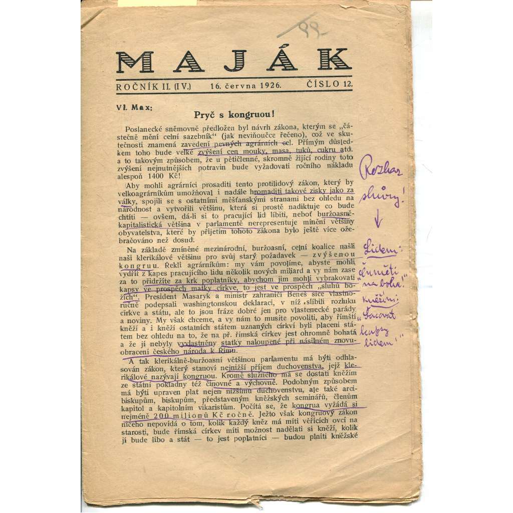 Maják, ročník II., číslo 12/1926 (časopis, levicová literatura)