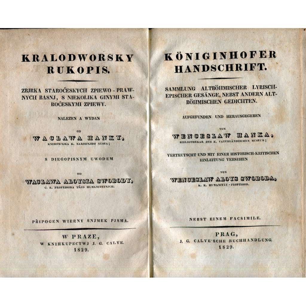 Kralodworsky rukopis / Königinhofer Handschrift (Královédvorský rukopis) - 1829