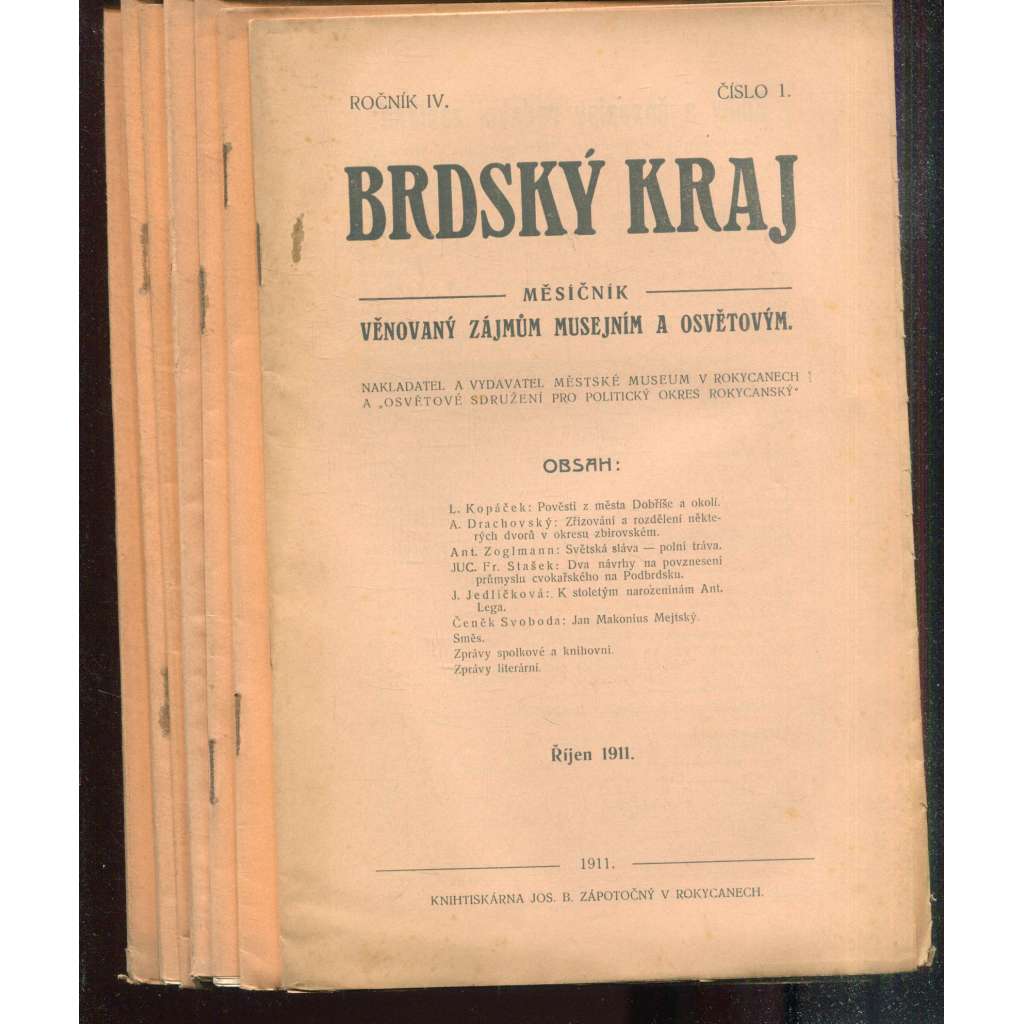 Brdský kraj, ročník IV., čísla 1-10/1911-1912. Měsíčník věnovaný zájmům musejním a osvětovým (časopis, okres Rokycany, Brdy)