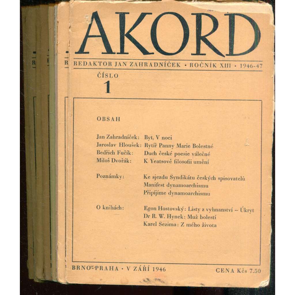 Akord, ročník XIII., čísla 1-8/1946-1947. Měsíčník pro literaturu, umění a život (není kompletní pouze 8 čísel z 10)