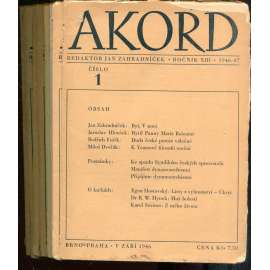 Akord, ročník XIII., čísla 1-8/1946-1947. Měsíčník pro literaturu, umění a život (není kompletní pouze 8 čísel z 10)