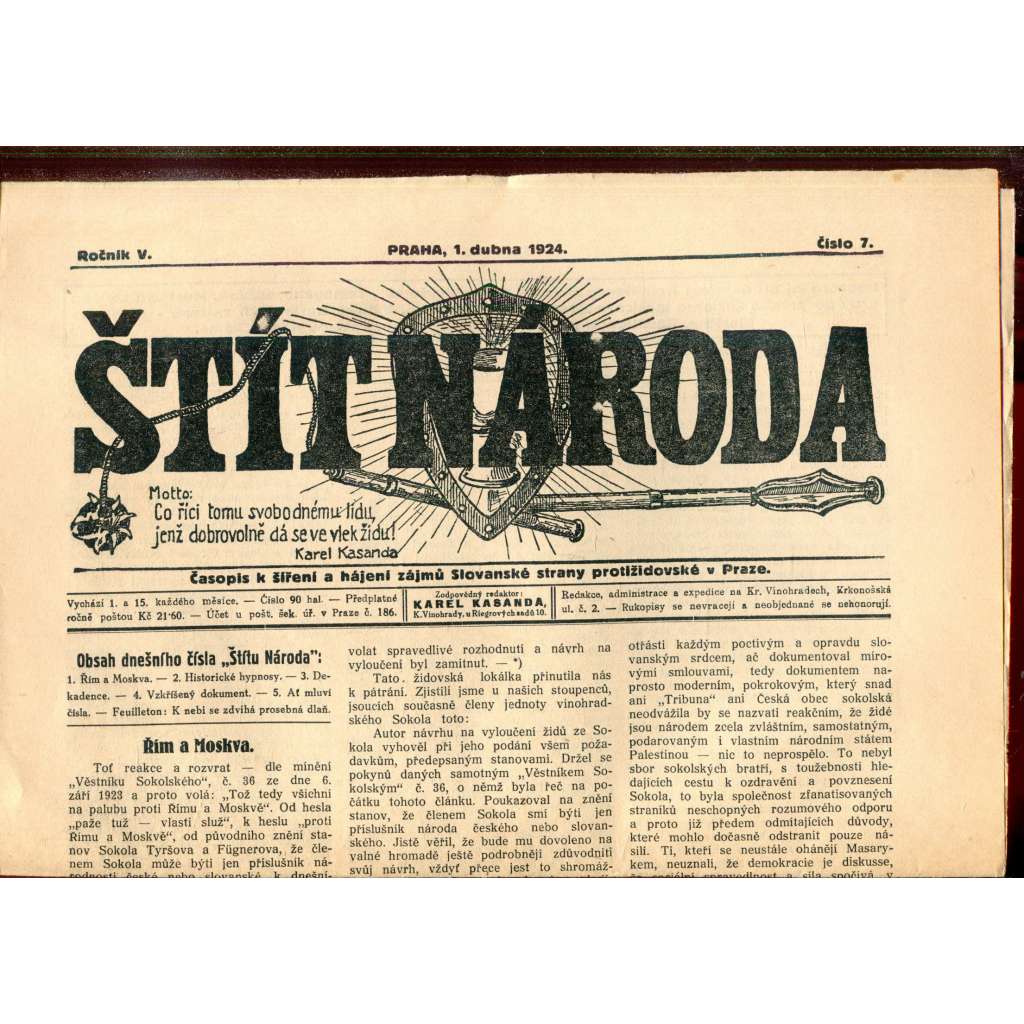 Štít národa. 1.4.1924 (antisemitismus, protižidovský časopis, noviny)