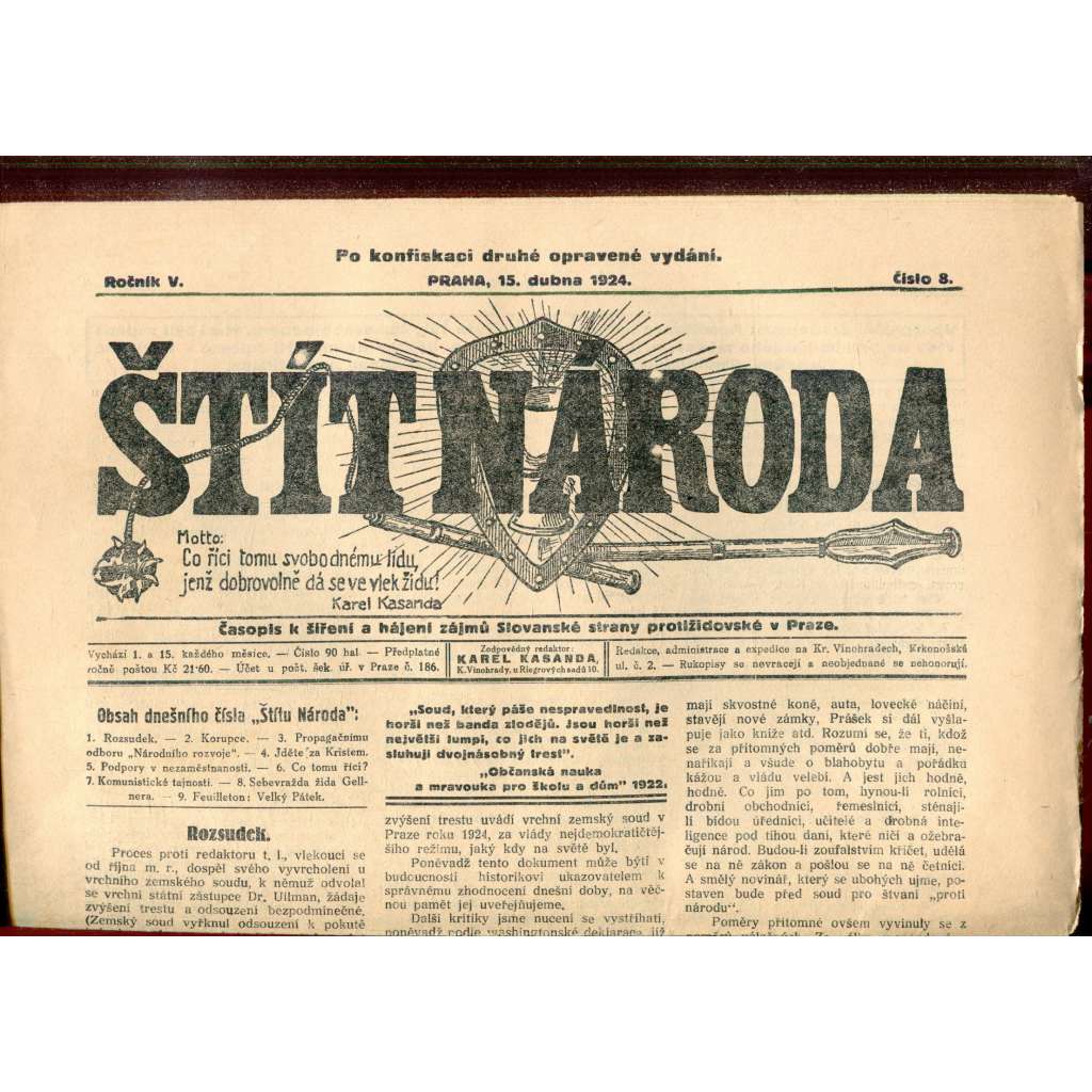 Štít národa. 15.4.1924 (antisemitismus, protižidovský časopis, noviny)