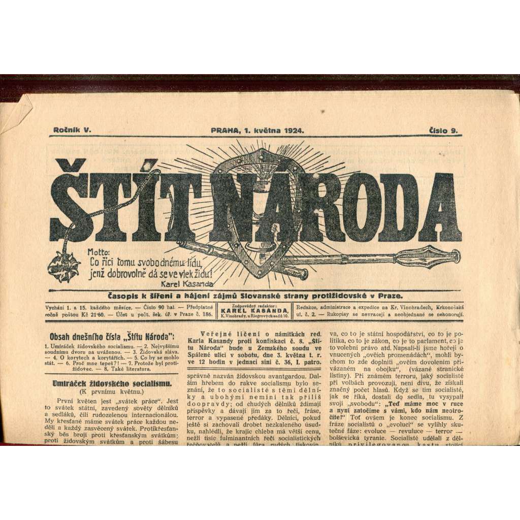 Štít národa. 1.5.1924 (antisemitismus, protižidovský časopis, noviny)