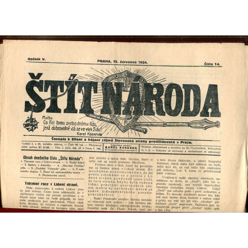 Štít národa. 15.7.1924 (antisemitismus, protižidovský časopis, noviny)