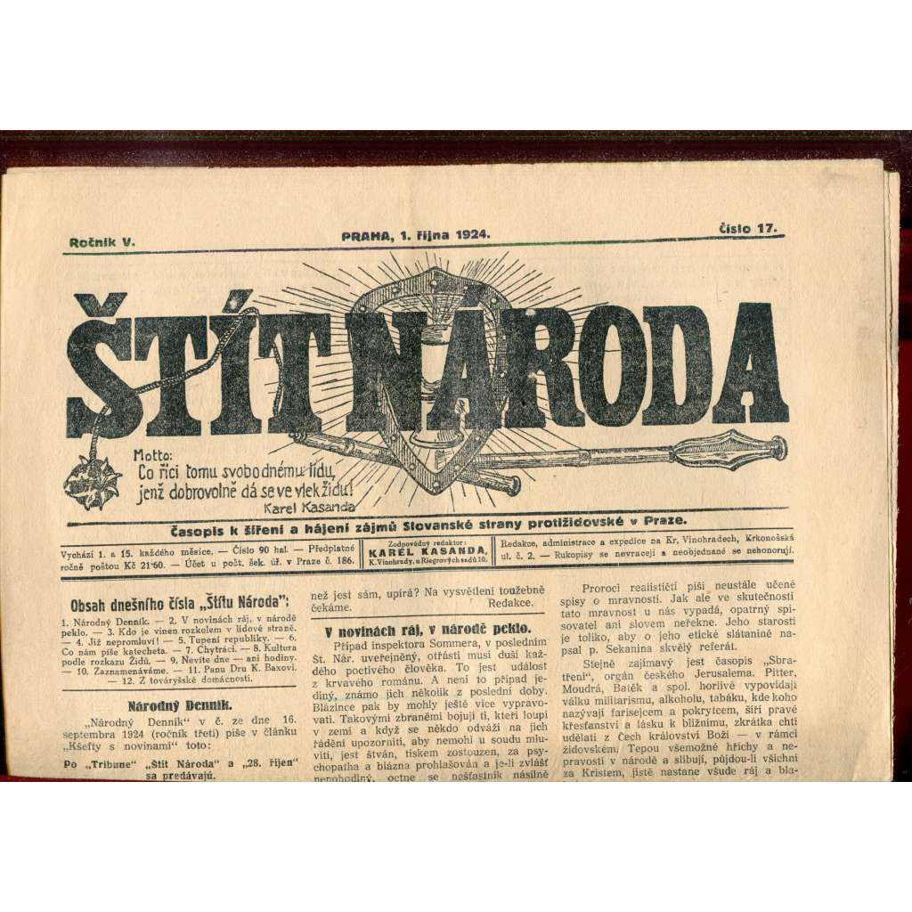 Štít národa. 1.10.1924 (antisemitismus, protižidovský časopis, noviny)