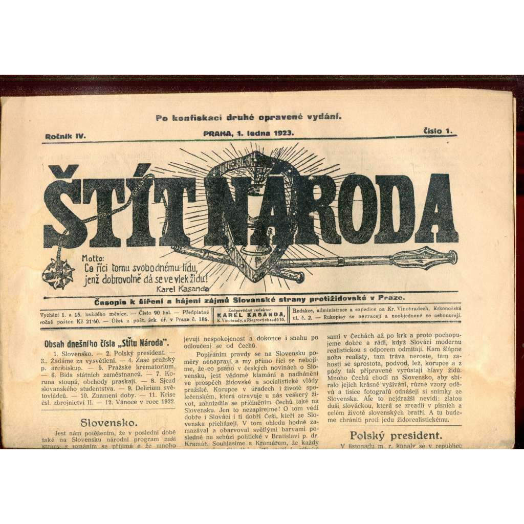 Štít národa. 1.1.1923 (antisemitismus, protižidovský časopis, noviny)