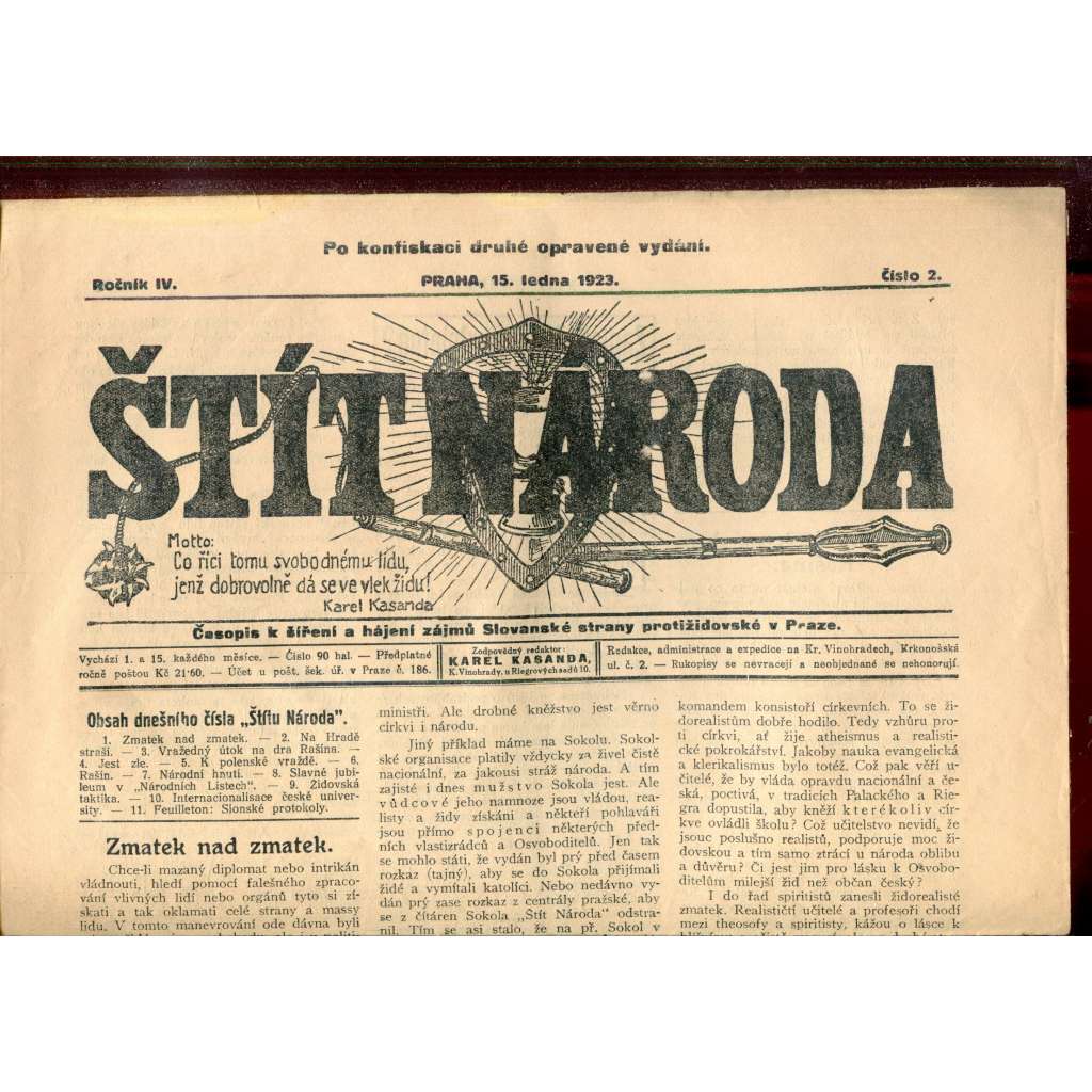 Štít národa. 15.1.1923 (antisemitismus, protižidovský časopis, noviny)