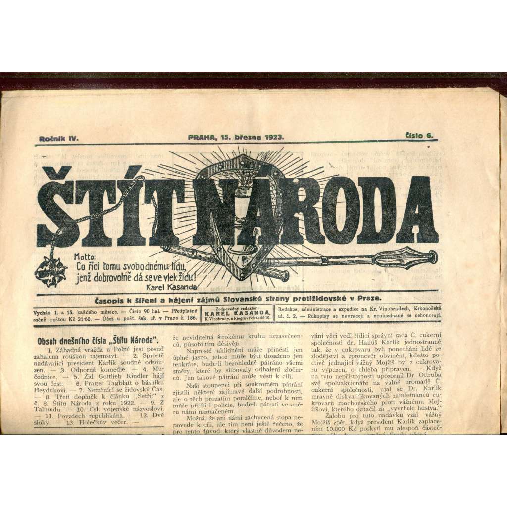 Štít národa. 15.3.1923 (antisemitismus, protižidovský časopis, noviny)