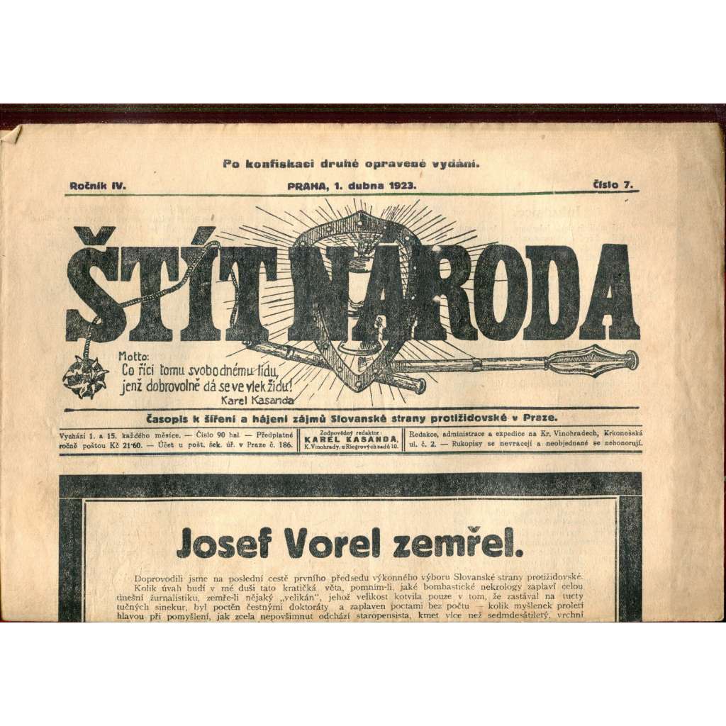 Štít národa. 1.4.1923 (antisemitismus, protižidovský časopis, noviny)