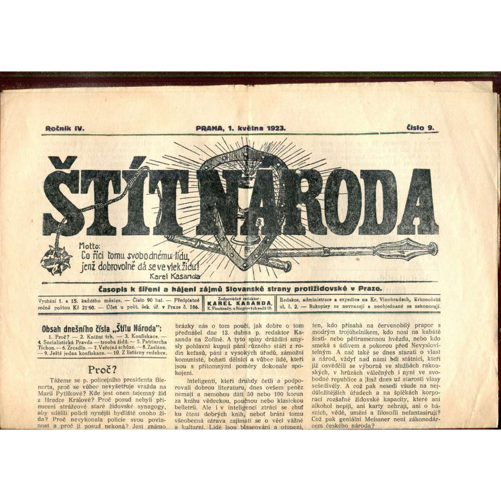 Štít národa. 1.5.1923 (antisemitismus, protižidovský časopis, noviny)