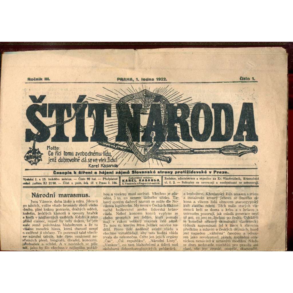 Štít národa. 1.1.1922 (antisemitismus, protižidovský časopis, noviny)