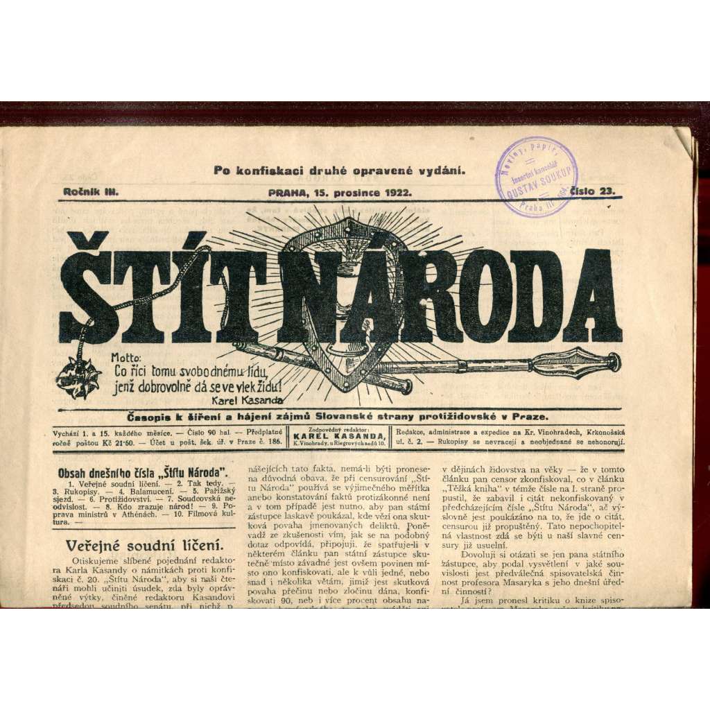 Štít národa. 15.12.1922 (antisemitismus, protižidovský časopis, noviny)