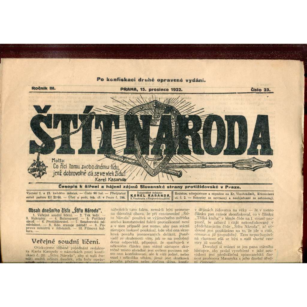 Štít národa. 15.12.1922 (antisemitismus, protižidovský časopis, noviny)