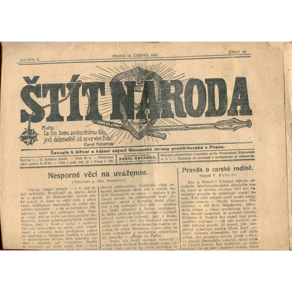 Štít národa. 15.6.1921 (antisemitismus, protižidovský časopis, noviny)