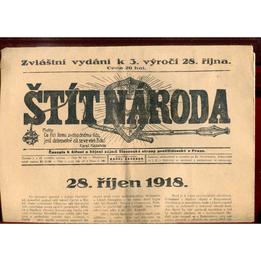 Štít národa. 28.101921 (antisemitismus, protižidovský časopis, noviny)