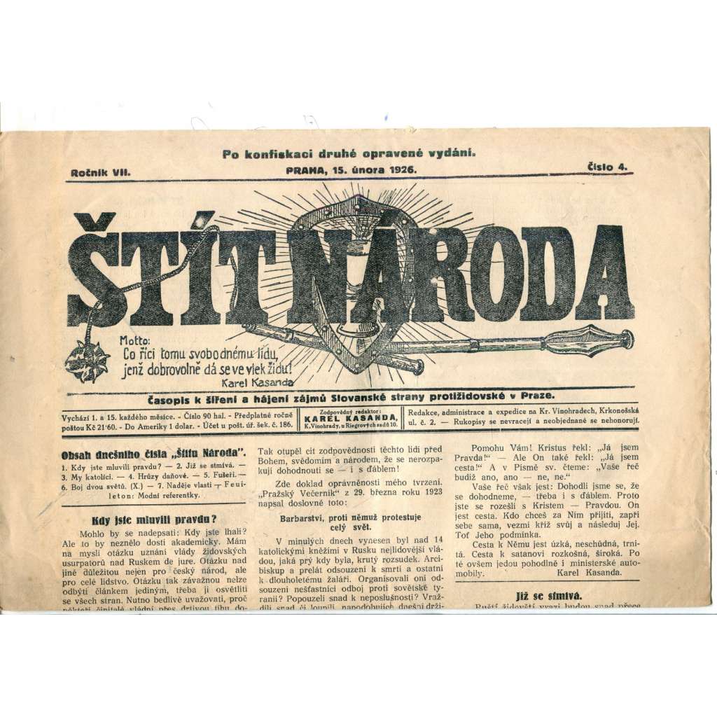 Štít národa. 15.2.1926 (antisemitismus, protižidovský časopis, noviny)