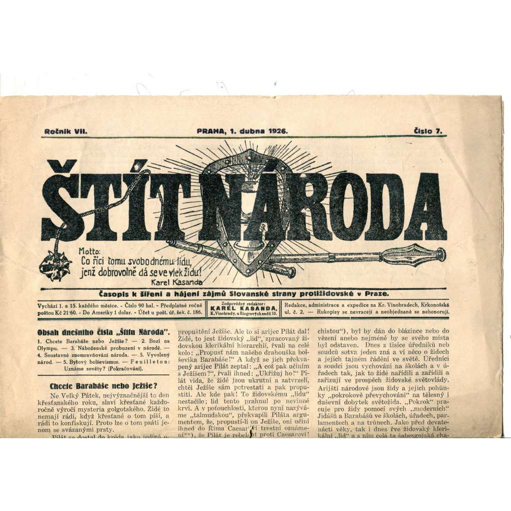 Štít národa. 1.4.1926 (antisemitismus, protižidovský časopis, noviny)