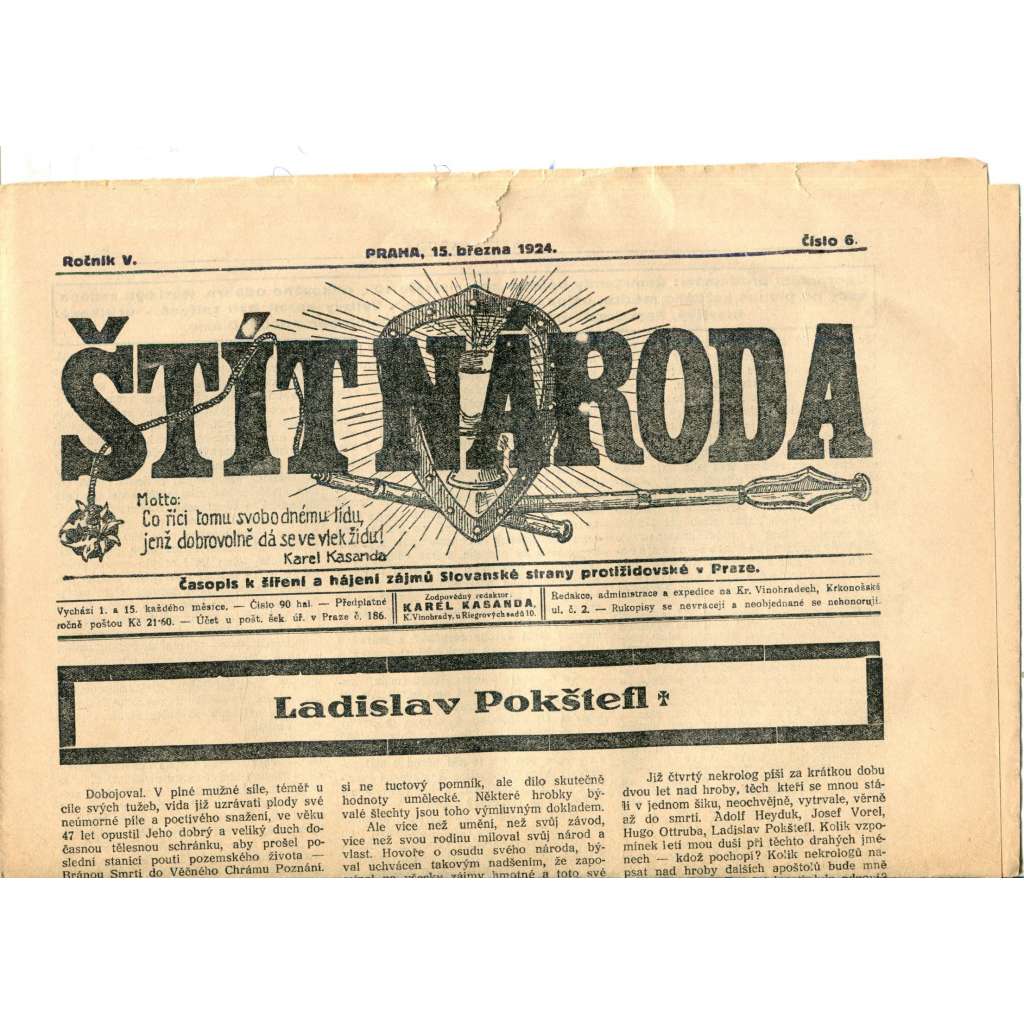 Štít národa. 15.3.1924 (antisemitismus, protižidovský časopis, noviny)