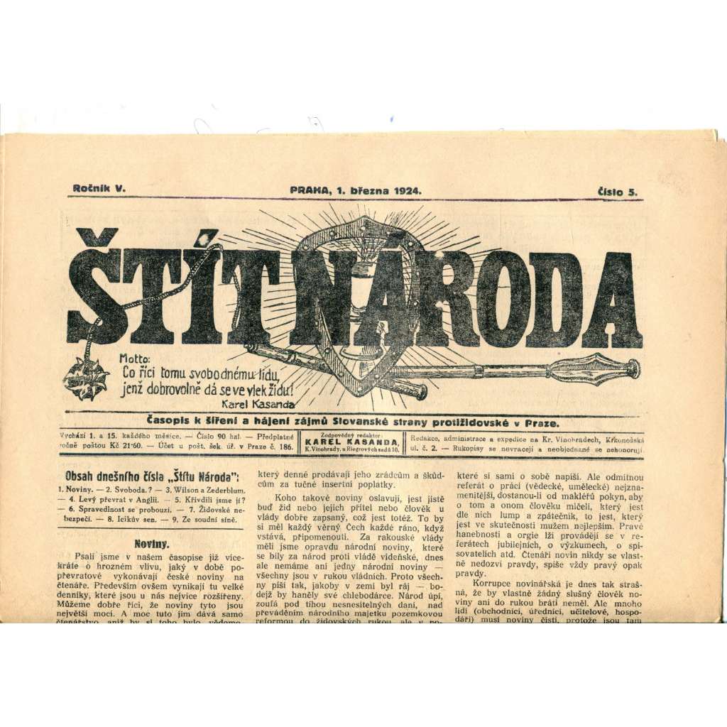 Štít národa. 1.4.1924 (antisemitismus, protižidovský časopis, noviny)