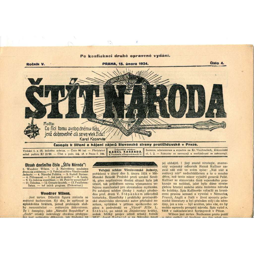 Štít národa. 15.2.1924 (antisemitismus, protižidovský časopis, noviny)