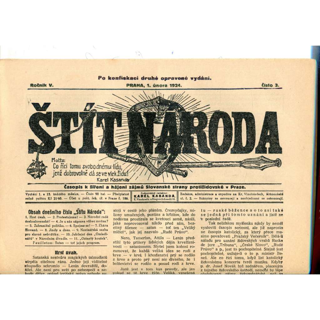 Štít národa. 1.2.1924 (antisemitismus, protižidovský časopis, noviny)