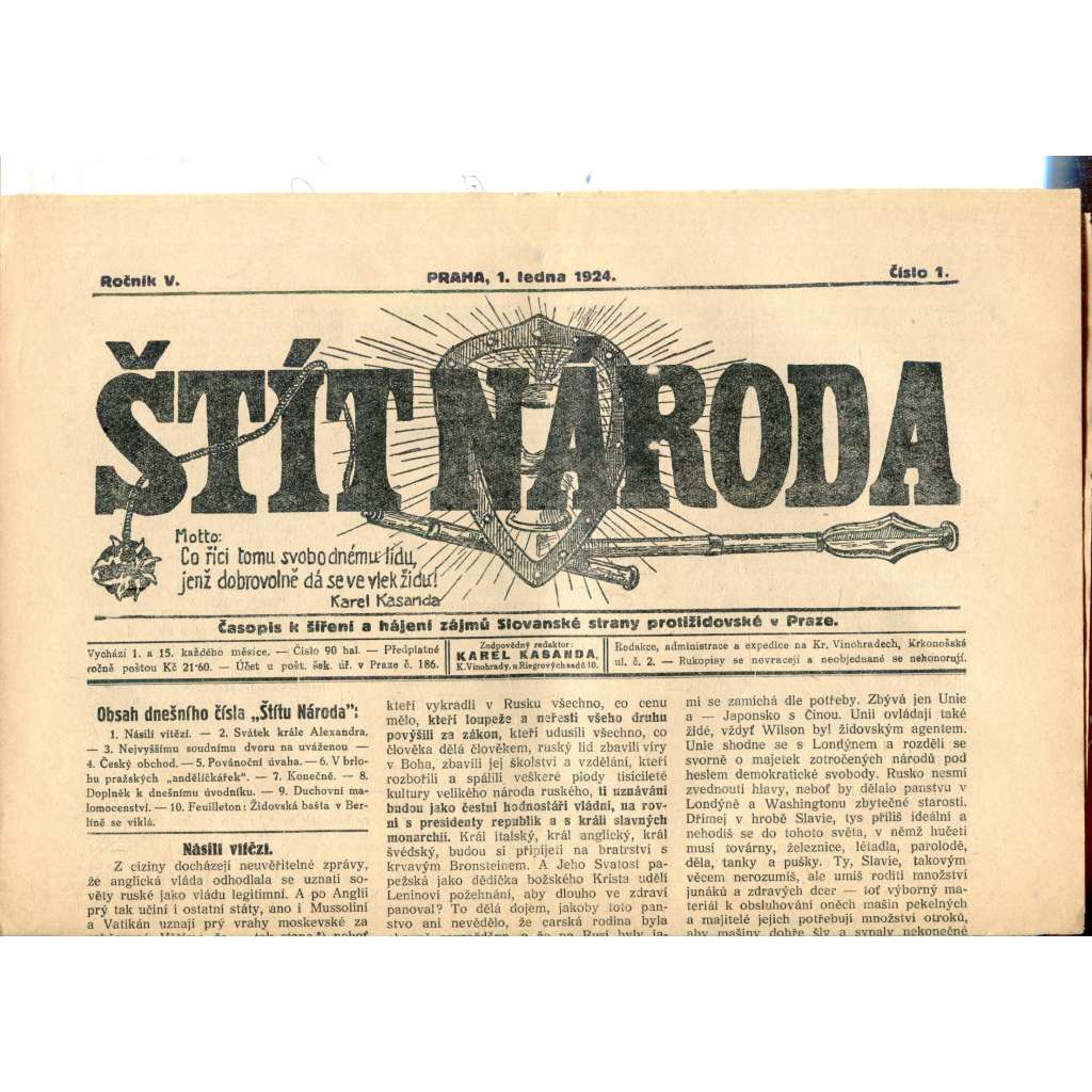 Štít národa. 1.1.1924 (antisemitismus, protižidovský časopis, noviny)