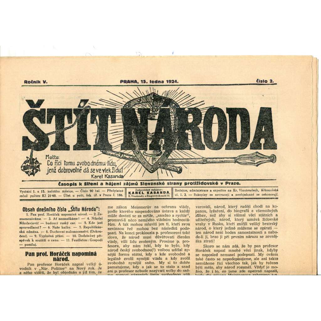 Štít národa. 15.1.1924 (antisemitismus, protižidovský časopis, noviny)