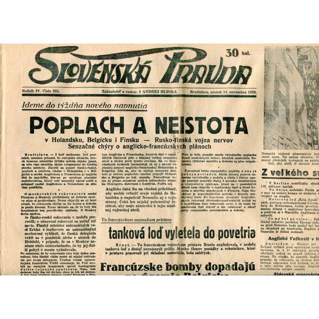 Slovenská pravda 14.11.1939 (noviny, text slovensky, zakladatel Andrej Hlinka)