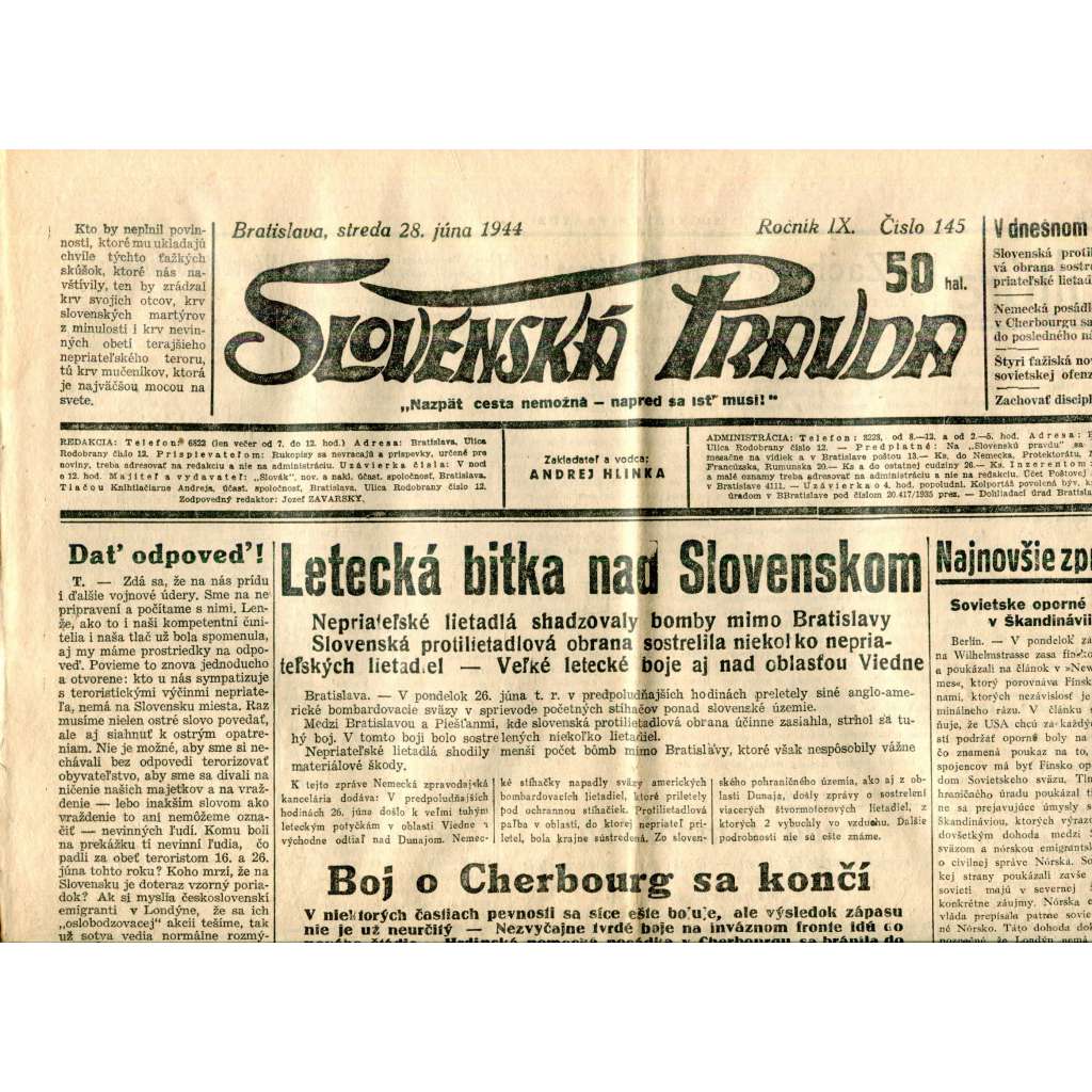 Slovenská pravda 28.6.1944 (noviny, text slovensky, zakladatel Andrej Hlinka, Slovenský stát)