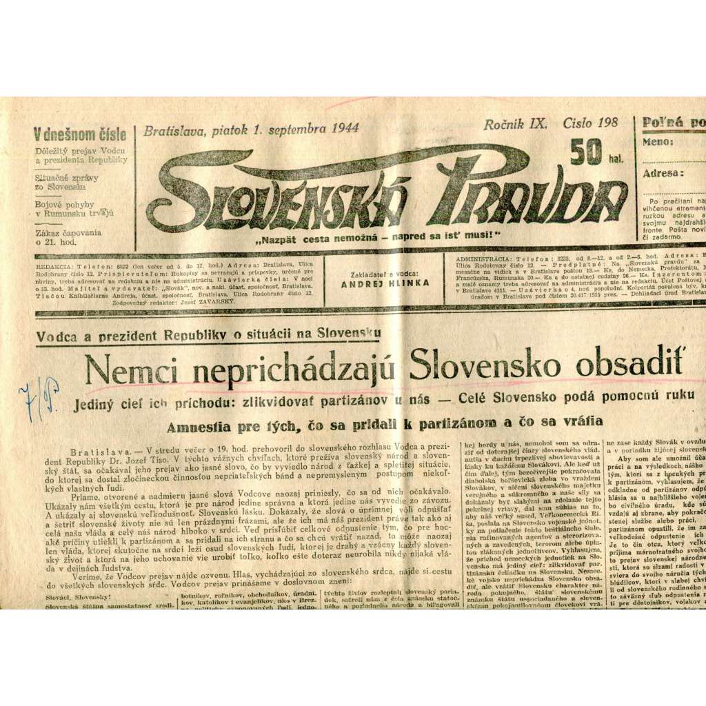 Slovenská pravda 1.9.1944 (noviny, text slovensky, zakladatel Andrej Hlinka, Slovenský stát)