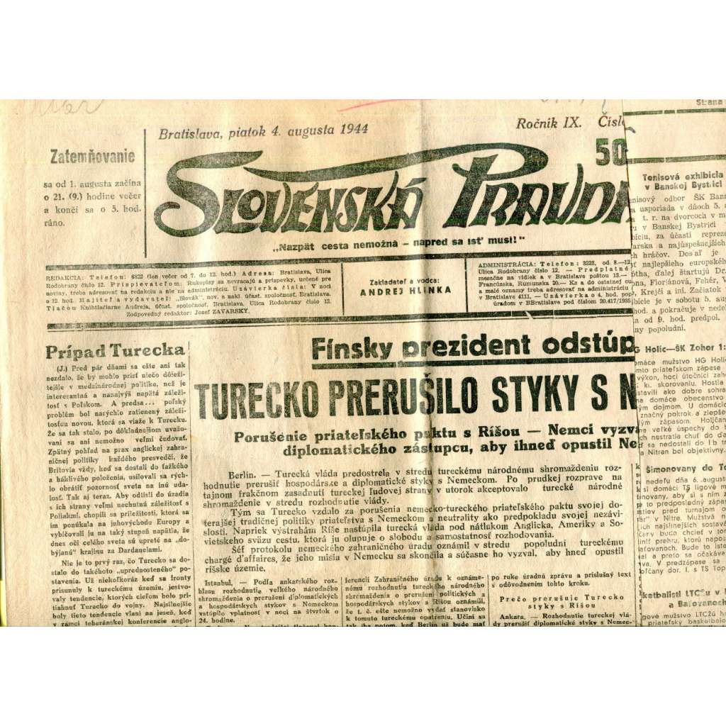 Slovenská pravda 14.8.1944 (noviny, text slovensky, zakladatel Andrej Hlinka, Slovenský stát) - pošk.