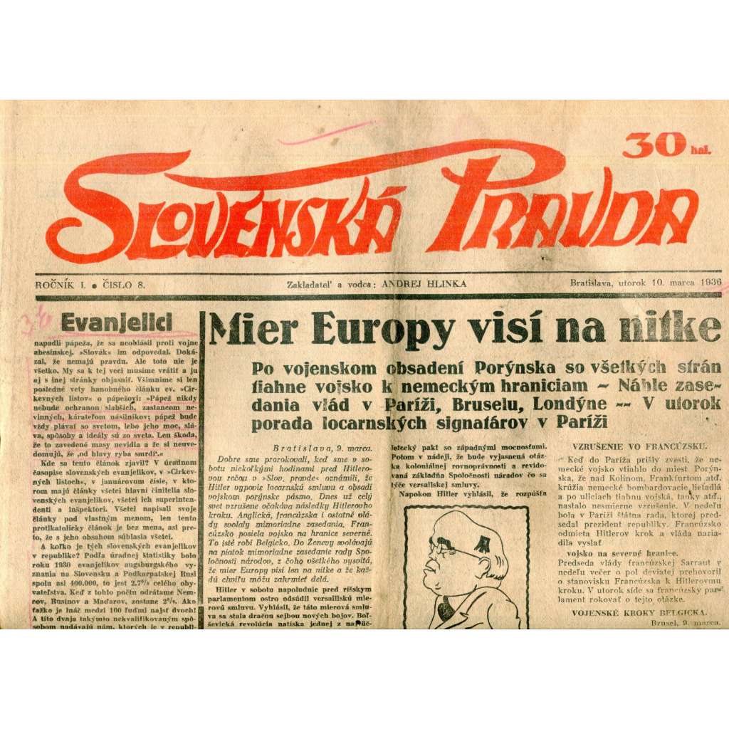 Slovenská pravda 10.3.1936 (noviny, text slovensky, zakladatel Andrej Hlinka, Slovenský stát)